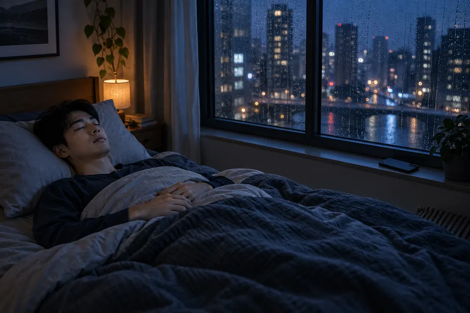 A young man asleep in a city apartment, rainy city lights through the window