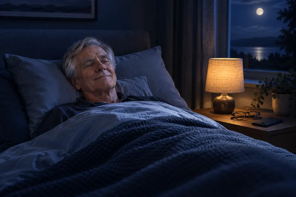 An older man lying back on his pillows with eyes closed and a contented smile
