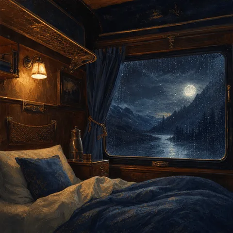 A cosy sleeper train cabin at night, a moonlit valley beyond the window