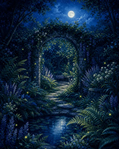 A leafy arch over a moonlit garden pool