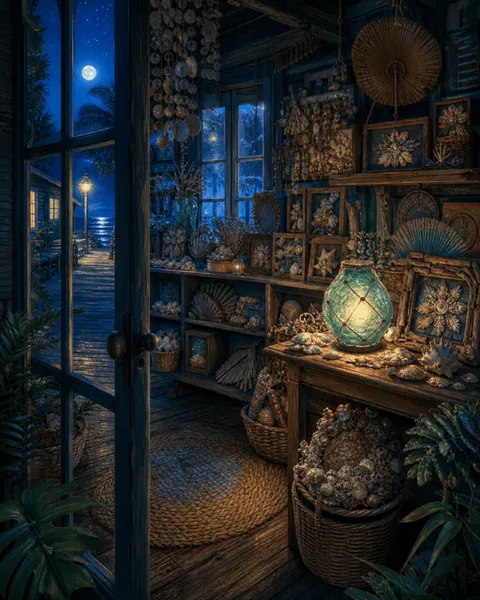 A shell shop after closing, lit by a glowing lamp