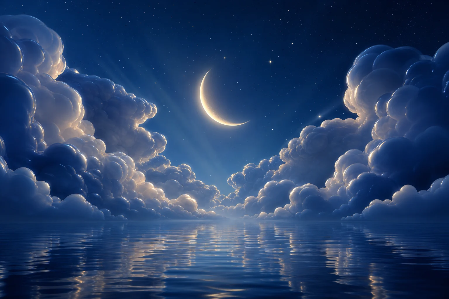 Night clouds parting around a glowing crescent moon, reflected in calm dark water