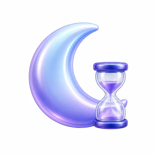 A glossy crescent moon beside a small purple hourglass